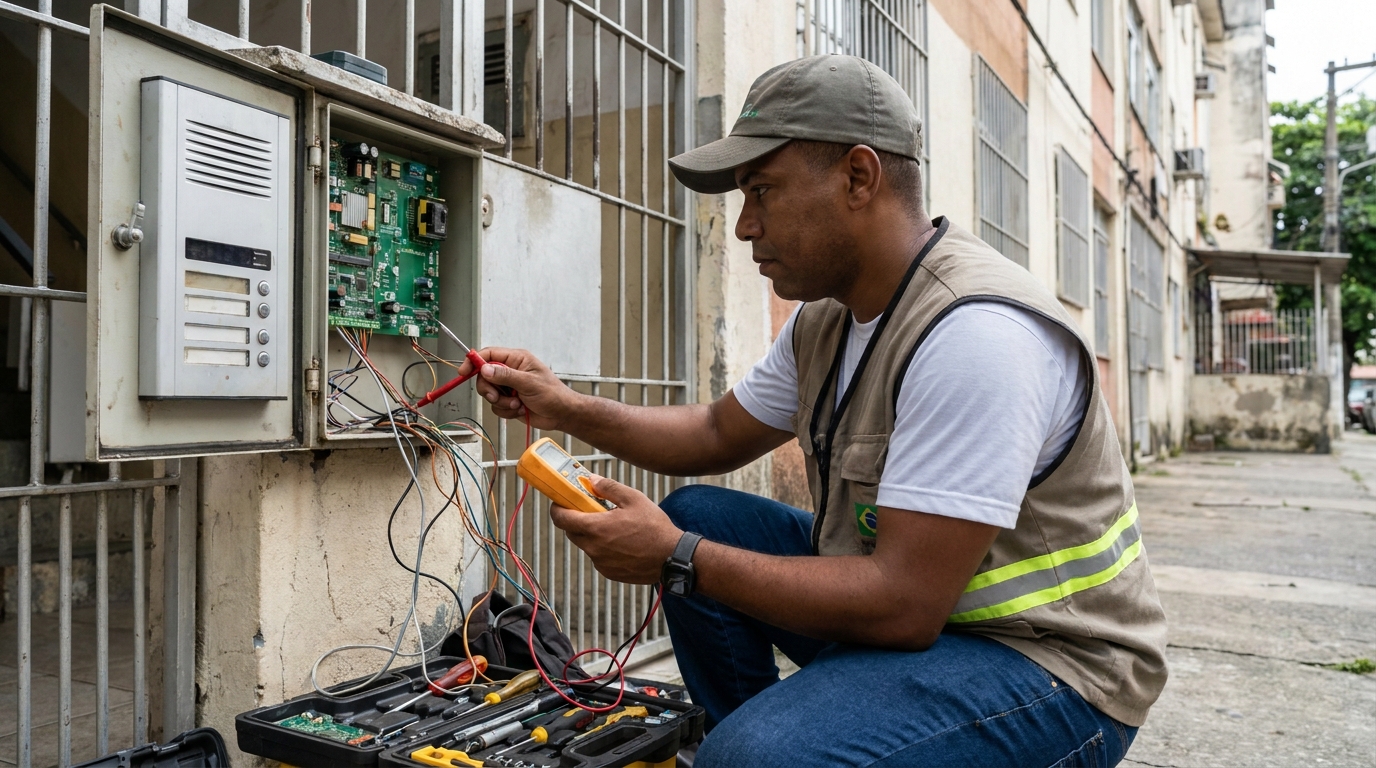 Eletricista consertando interfone em Viamão‑RS