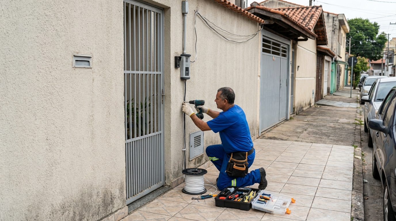 Eletricista instalando interfone em Viamão‑RS