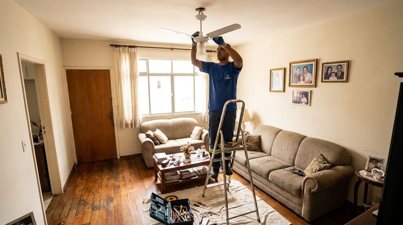 Eletricista instalando ventilador de teto em Viamão‑RS